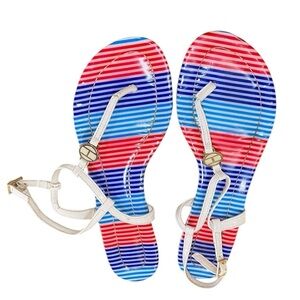 Tommy Hilfiger patent white toe flat sandals striped footbed silver “H” sz 9.5